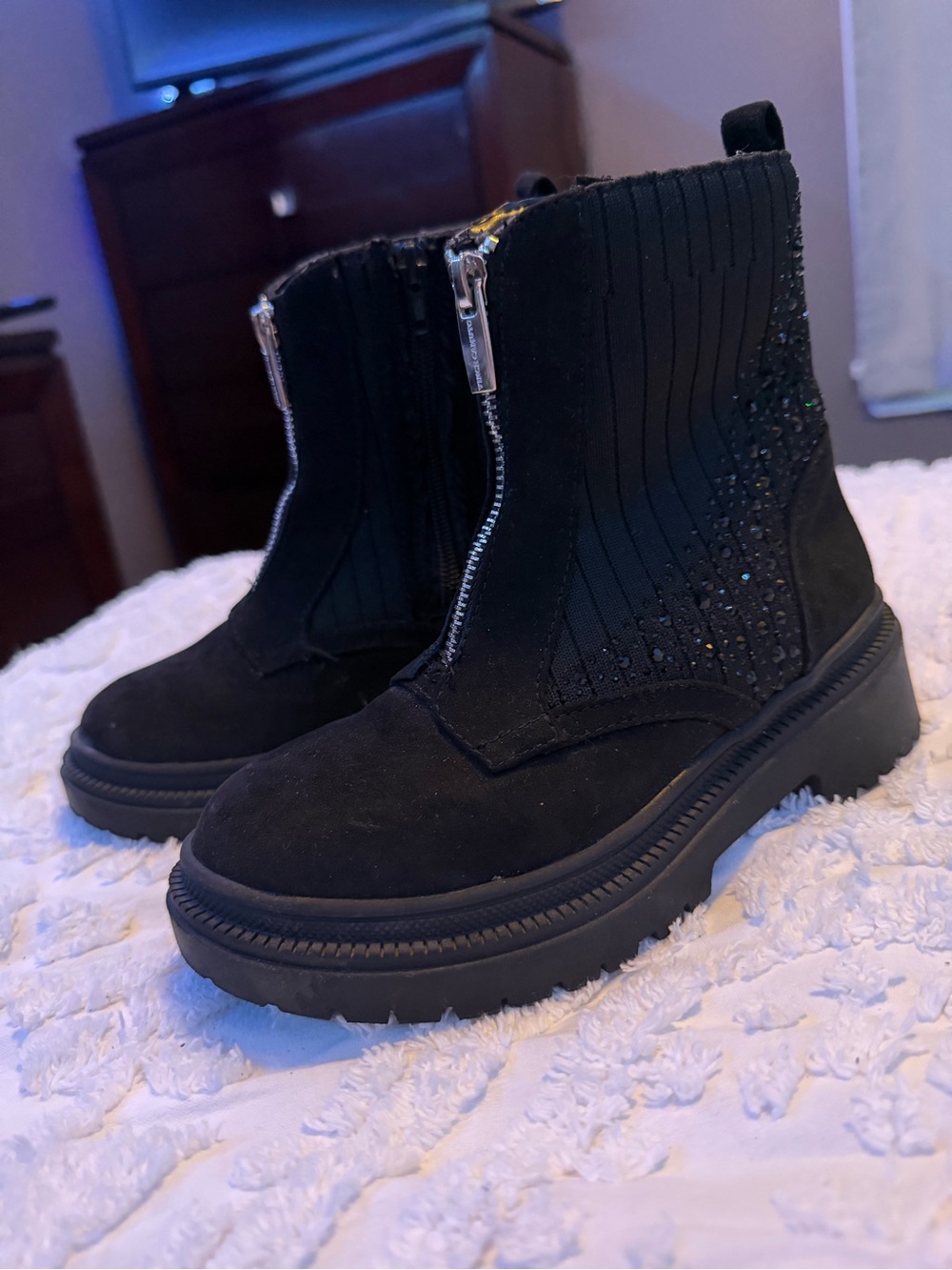Vince Camuto Kids Crystal Embellished Zip Combat Boots Black Size 1